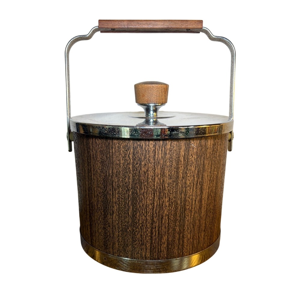Vintage ATAPCO Ice Bucket Faux Wood Grain Chrome MCM Barware USA 1960s